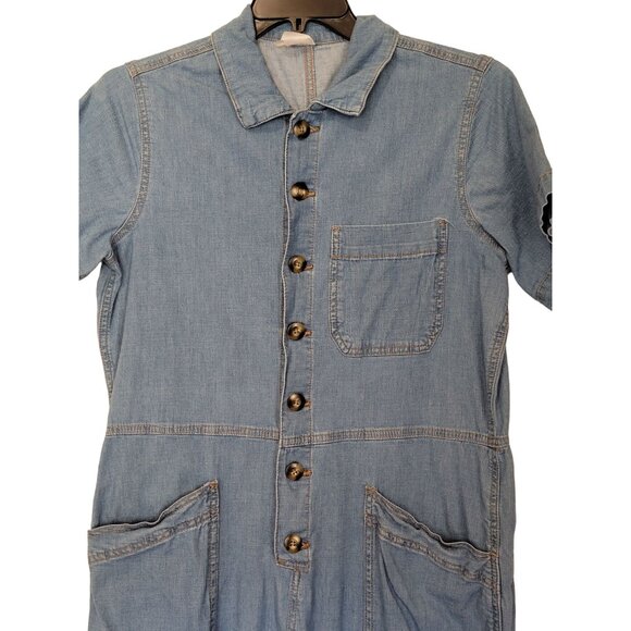 Denim Jumpsuit Juniors XL Button Front Elastic Cuffs No Boundaries Pockets Short - Picture 3 of 8